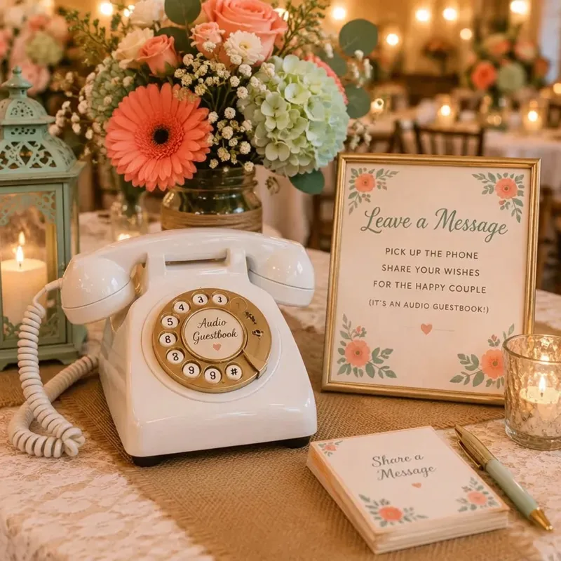 Téléphone rétro blanc servant de livre d'or audio sur une table de mariage fleurie