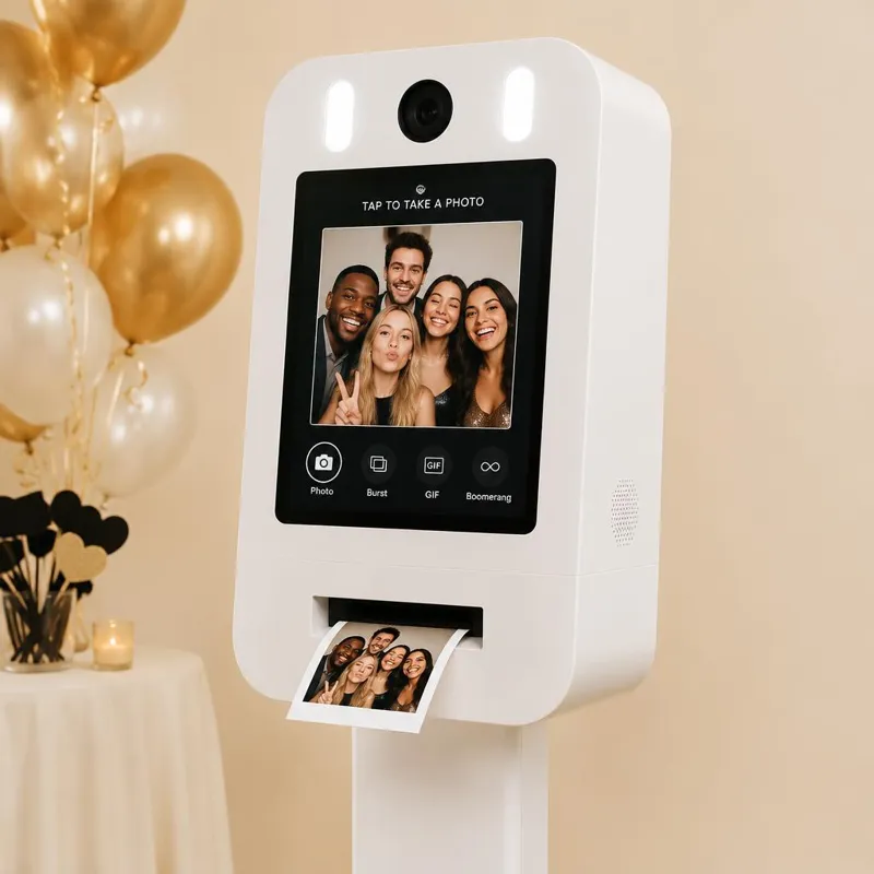 Borne à selfie blanche avec écran tactile imprimant une photo de groupe