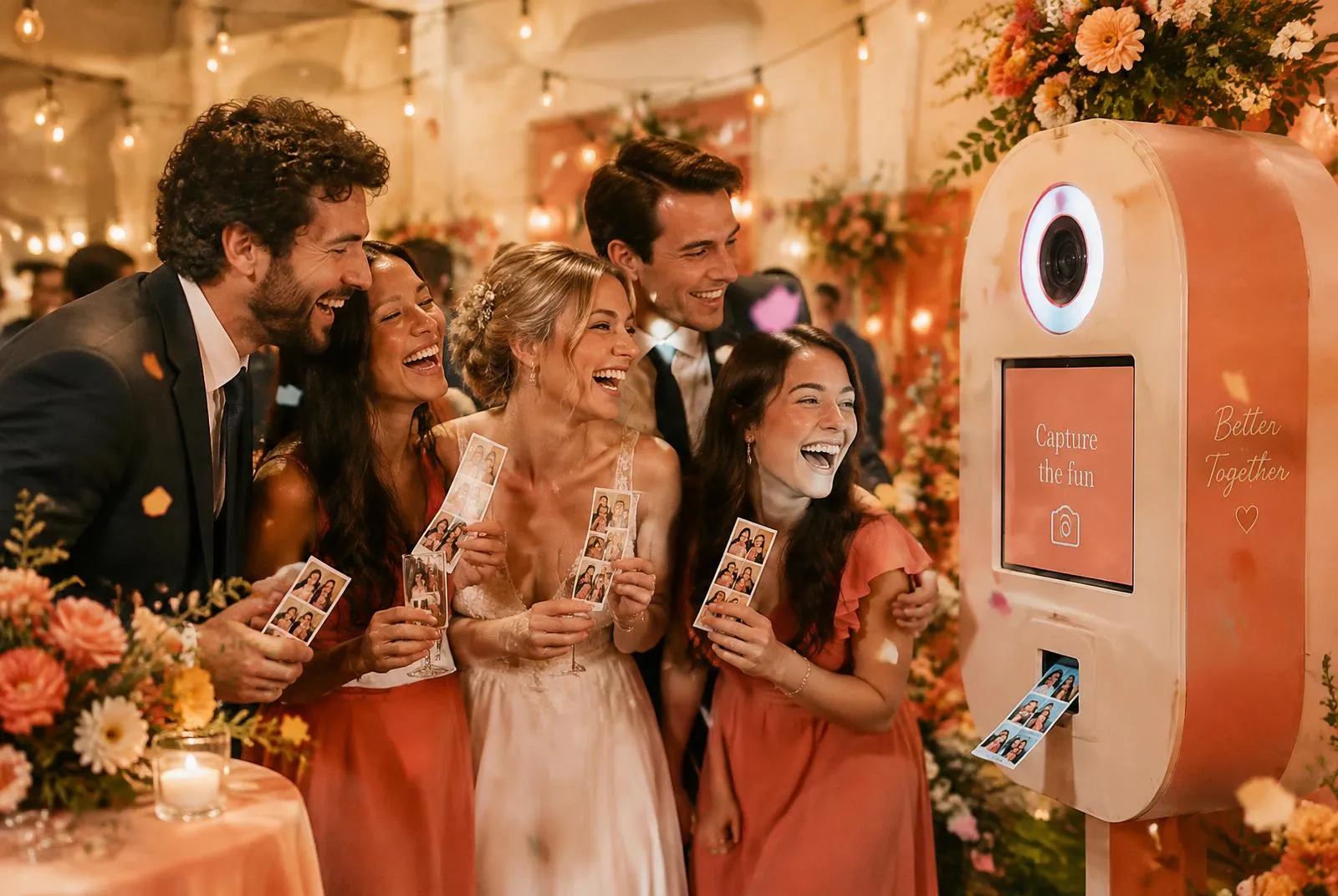 Invités de mariage devant une borne photobooth avec leurs photos imprimées